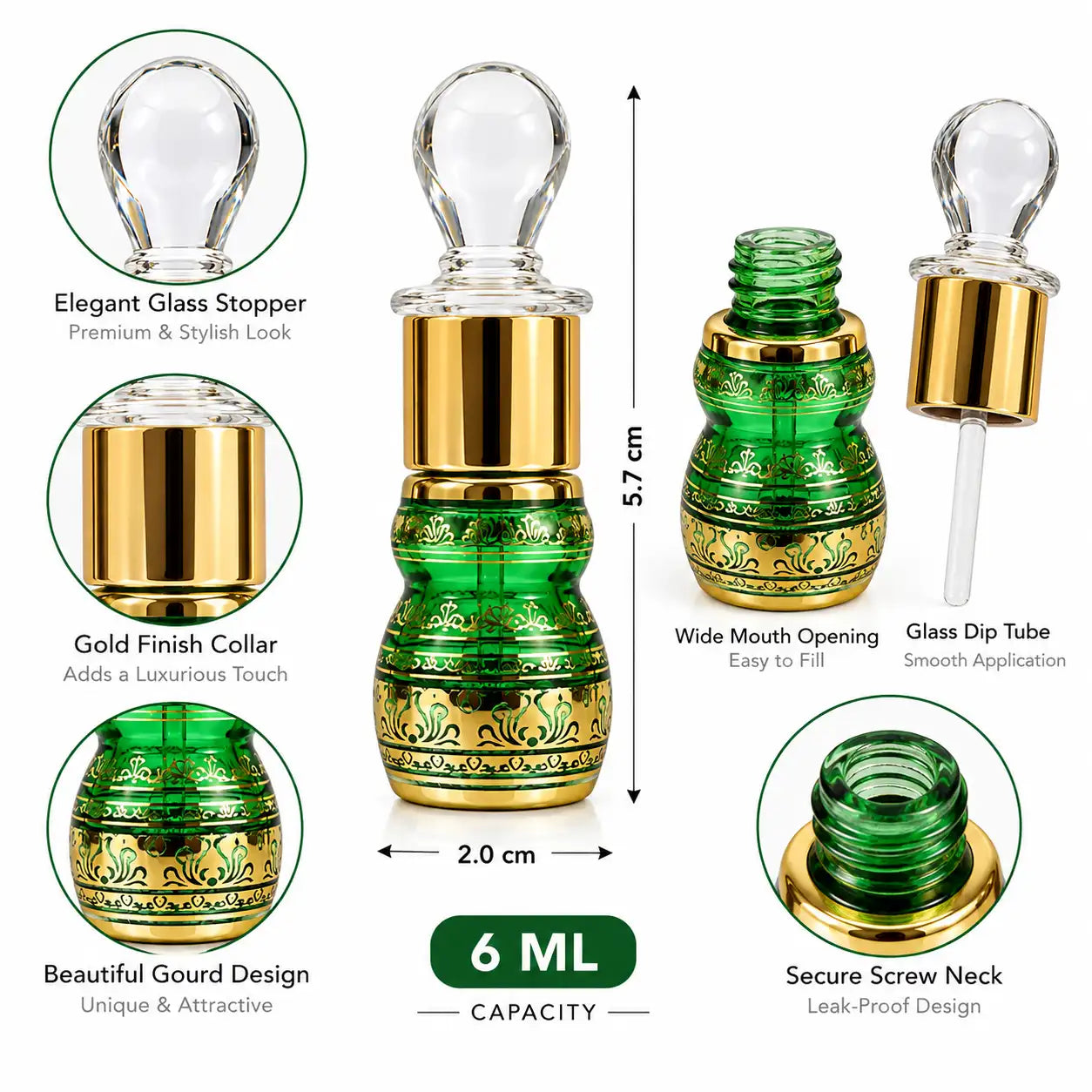 Premium empty 6ml Green Arabic attar bottle with gold decoration and clear glass stick applicator