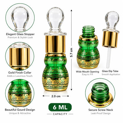 Premium empty 6ml Green Arabic attar bottle with gold decoration and clear glass stick applicator