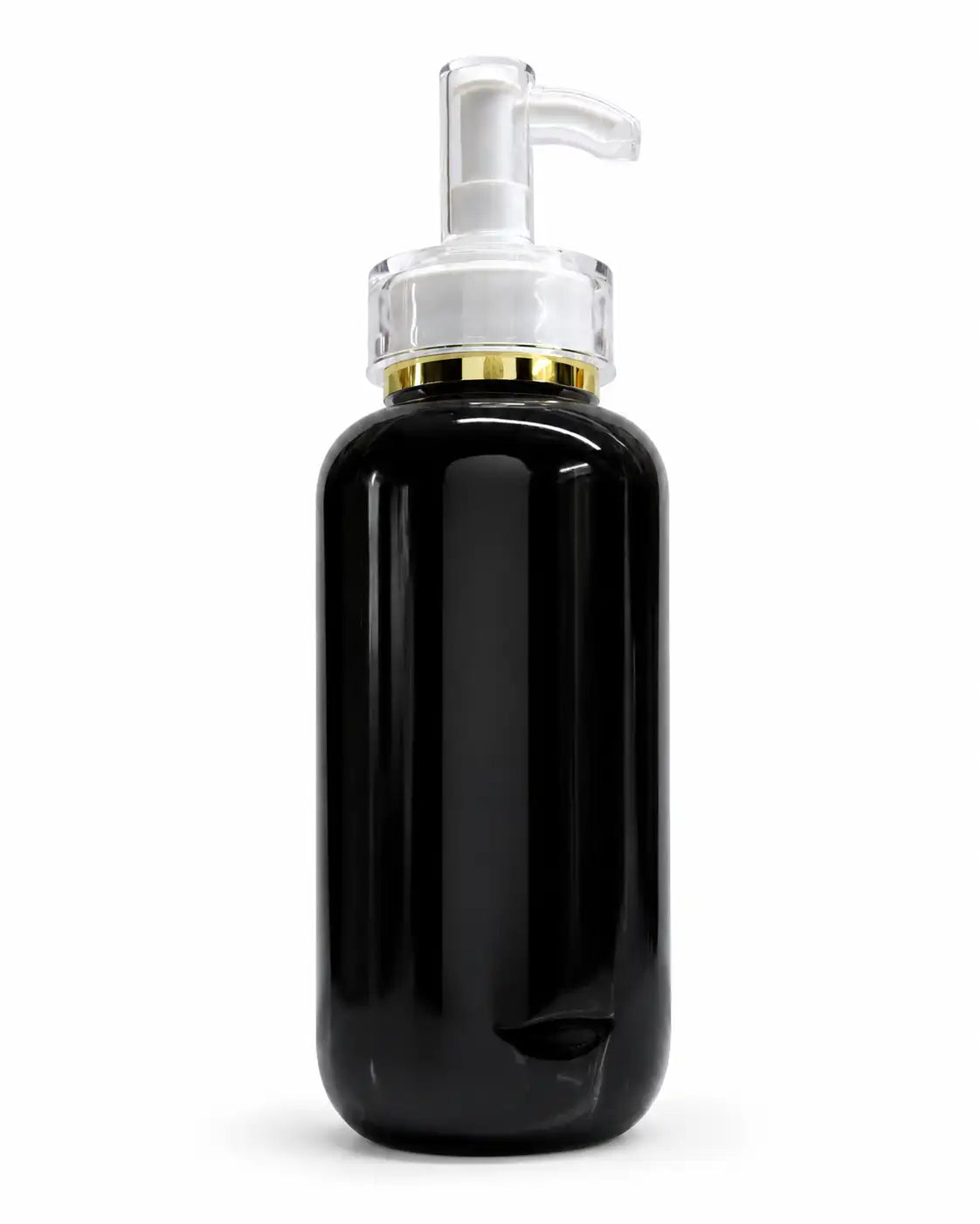 Black_Cosmetic_Pump_Bottle_with_Transparent_Pump_and_Gold_Ring_for_Premium_Packaging