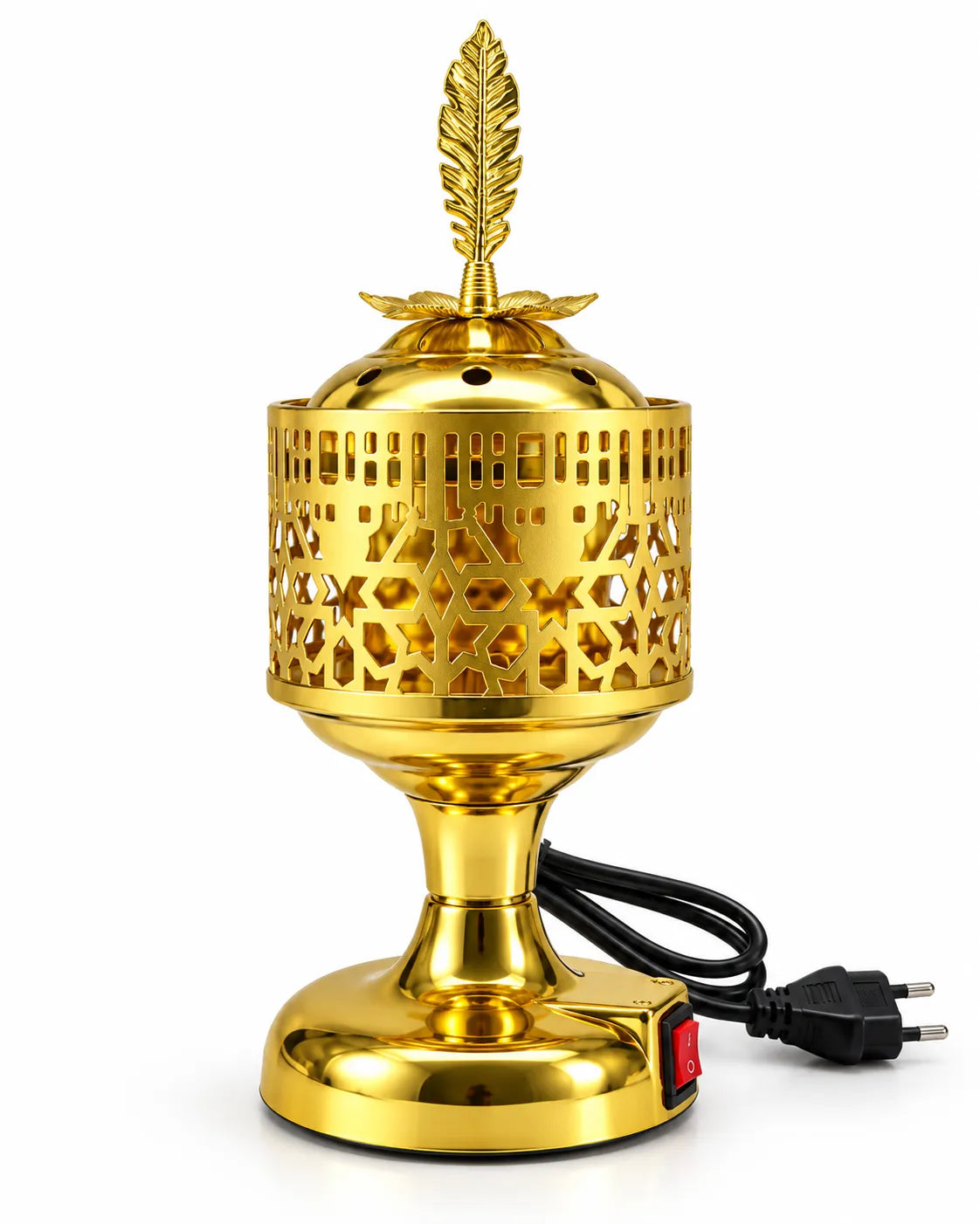 golden electric incense burner with a leaf-shaped finial, star-pattern body, red switch and rounded base.
