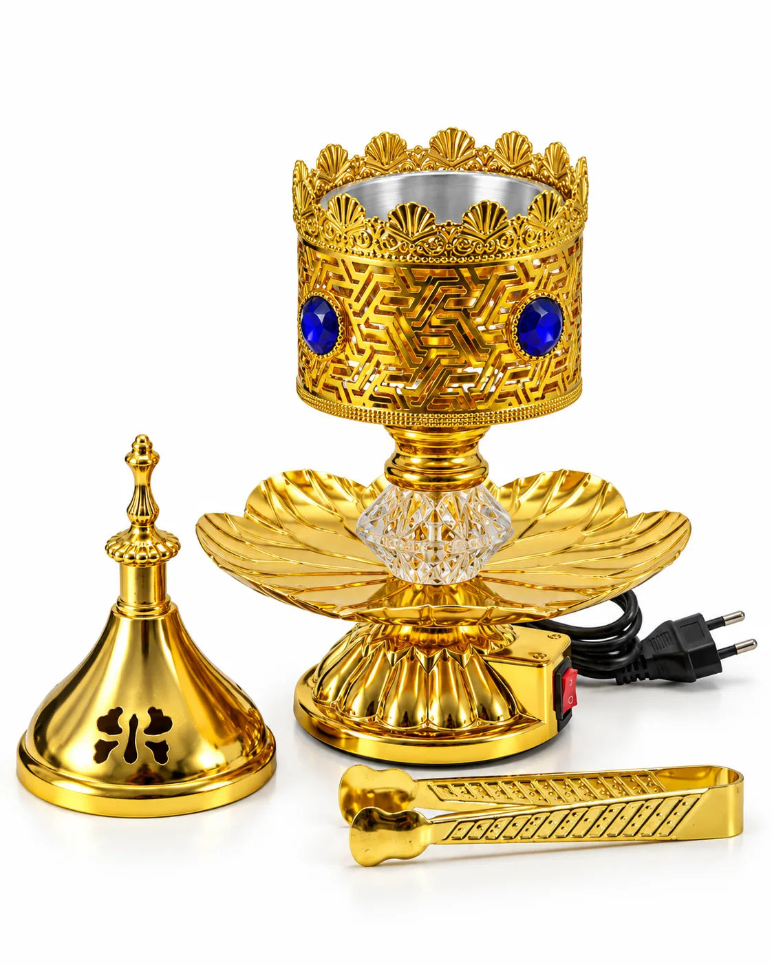 Gold-tone electric incense burner with a crown-style rim, blue accents, tongs resting on its tray, and a removable lid beside it.