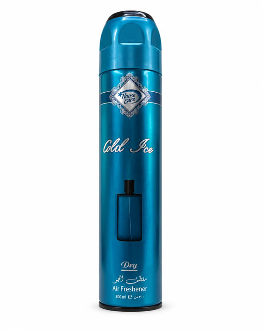 House Care Cold Ice Room Spray Air Freshener 300ml metallic blue aerosol can on white background