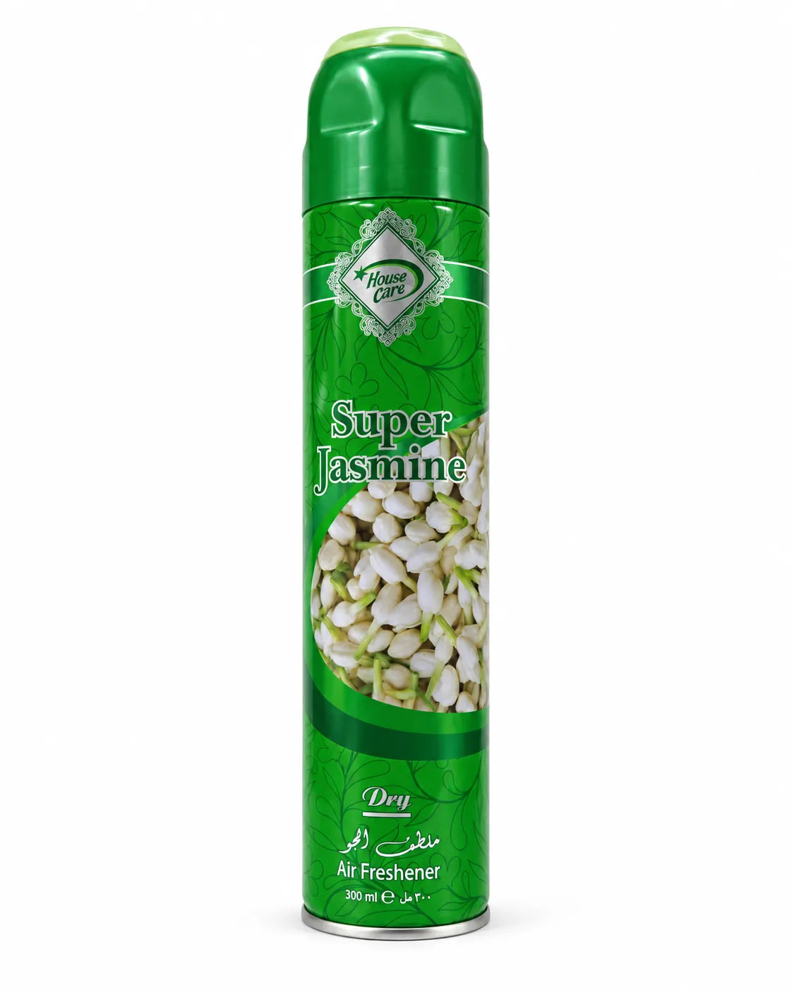 House Care Super Jasmine Room Spray Air Freshener 300ml green aerosol can with jasmine flowers on white background