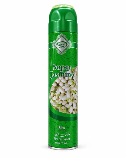 House Care Super Jasmine Room Spray Air Freshener 300ml green aerosol can with jasmine flowers on white background