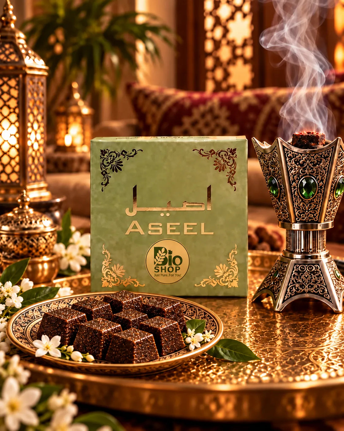 Aseel sage green and gold bakhoor box on white background