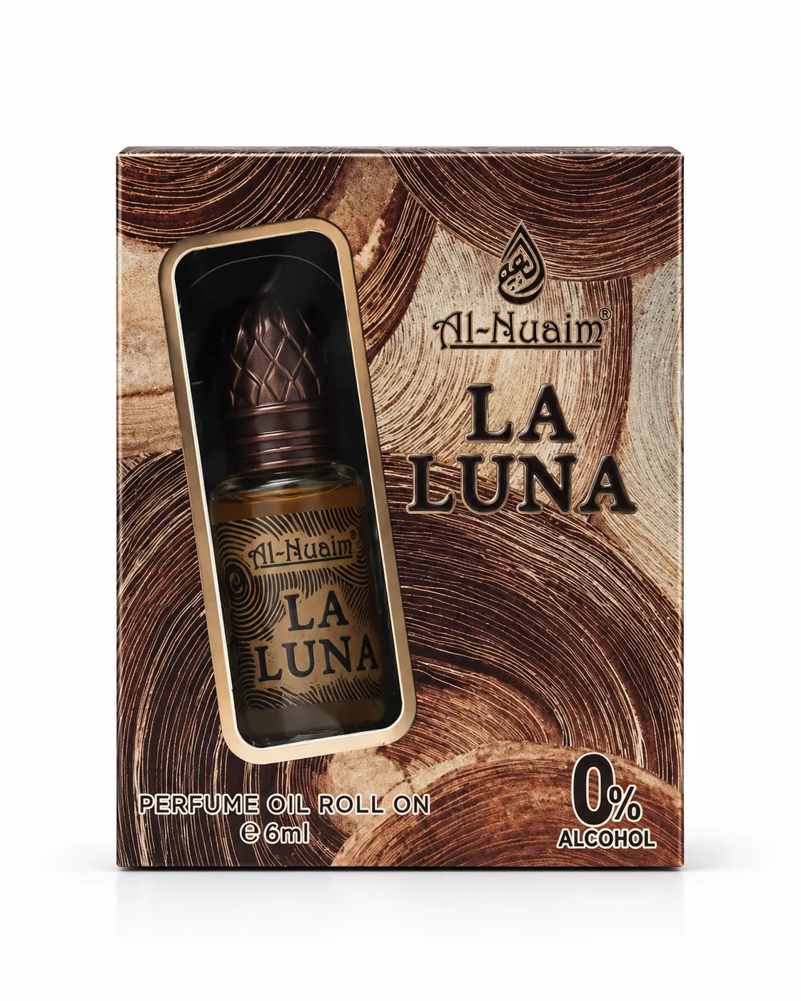 La Luna 6ml roll-on attar bottle with brown decorative cap beside matching Al-Nuaim packaging.
