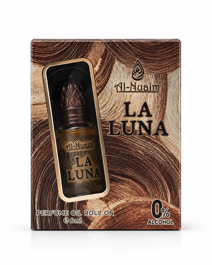 La Luna 6ml roll-on attar bottle with brown decorative cap beside matching Al-Nuaim packaging.