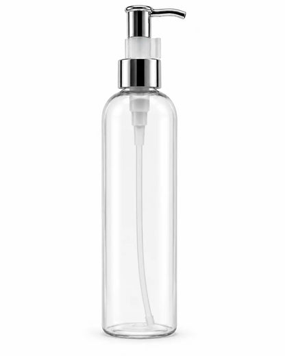 250ml clear PET pump bottle with silver pump dispenser