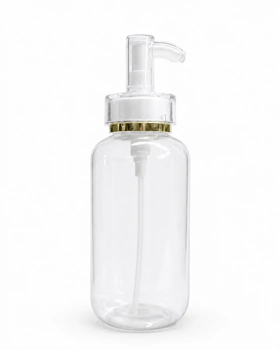 Clear_Cosmetic_Pump_Bottle_with_Transparent_Dispenser_and_Gold_Ring_for_Lotion_Packaging