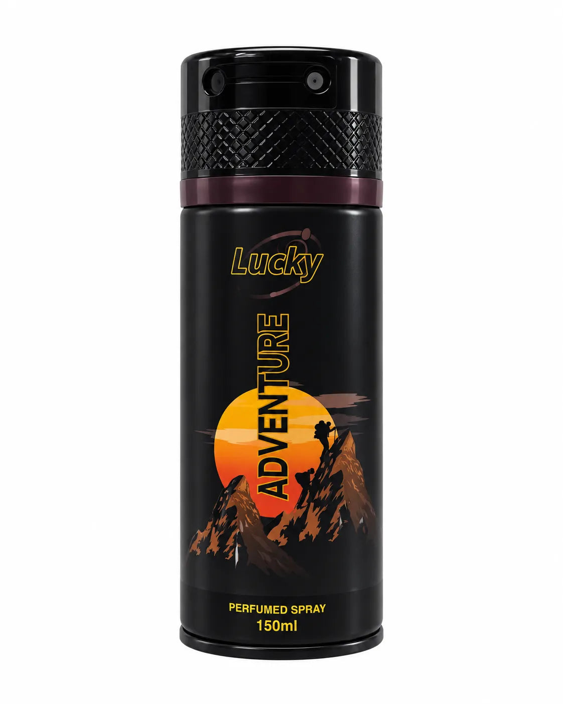 Lucky Adventure Perfumed Spray 150ml black aerosol can with mountain and sunset design on white background