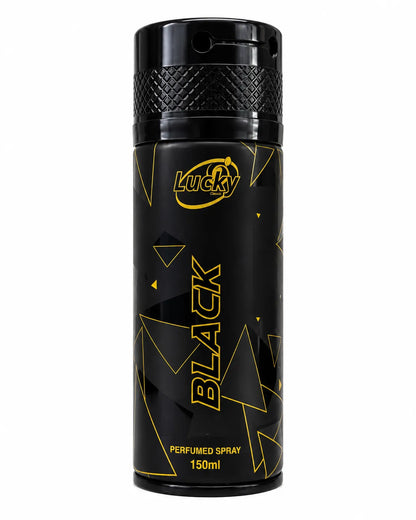 Lucky Black Perfumed Body Spray 150ml black aerosol can with gold geometric design on white background