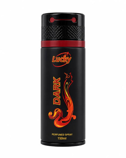 Lucky Dark Perfumed Body Spray 150ml black aerosol can with red and orange design on white background
