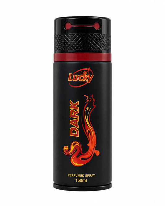 Lucky Dark Perfumed Body Spray 150ml black aerosol can with red and orange design on white background