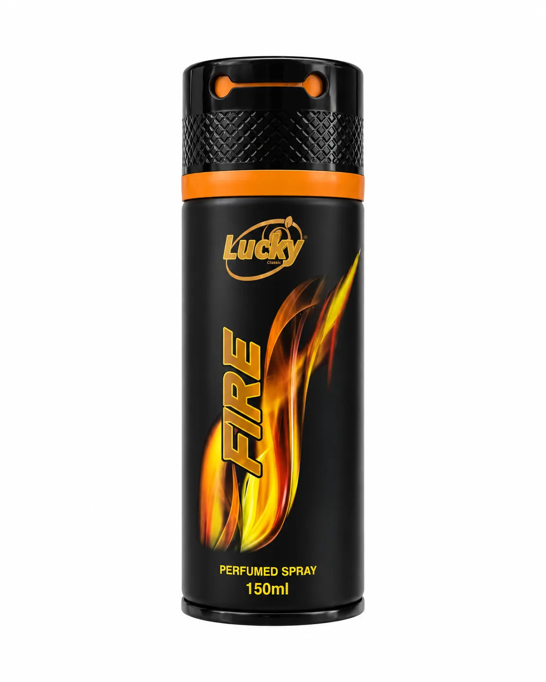 Lucky Fire Perfumed Body Spray 150ml black aerosol can with orange and yellow flame design on white background