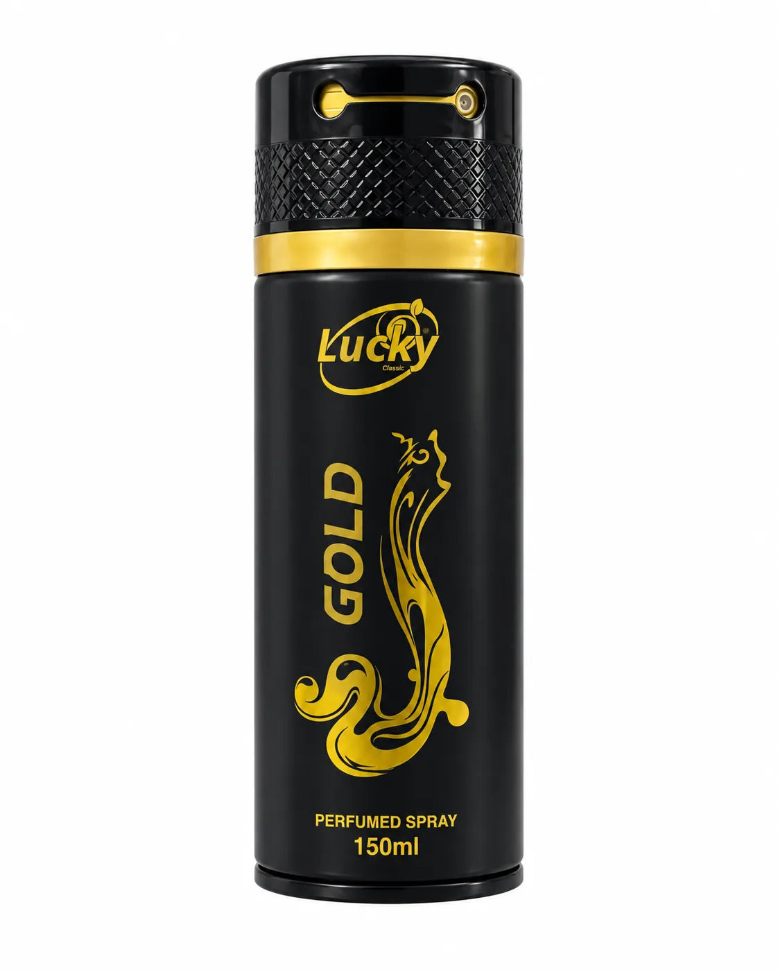 Lucky Gold Perfumed Spray 150ml black and gold aerosol can on white background