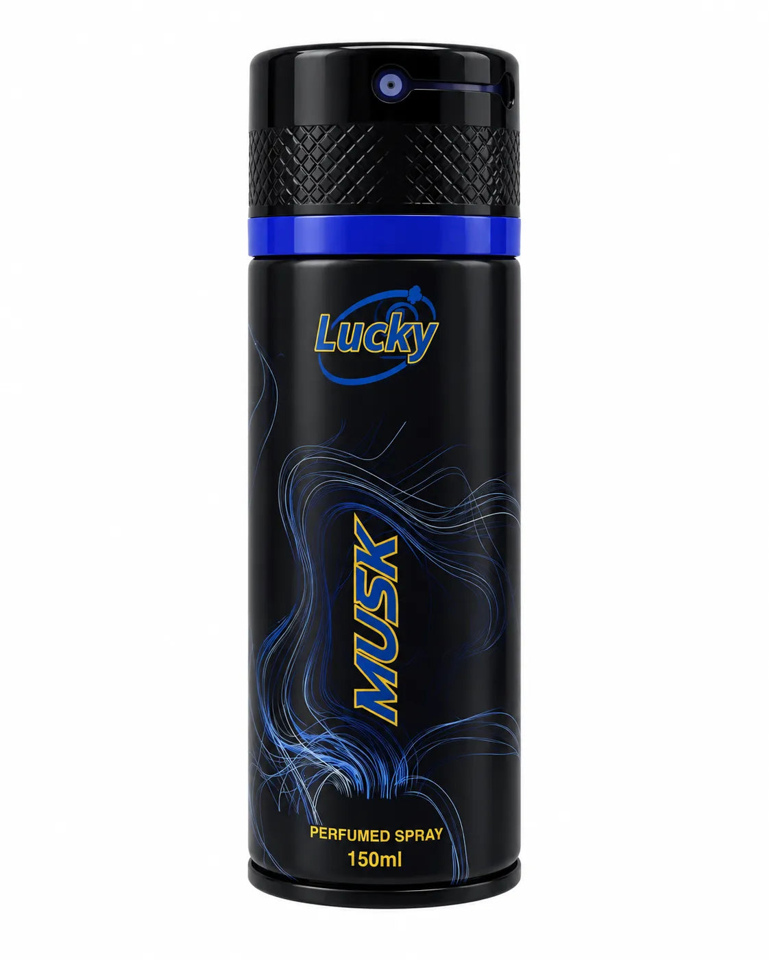 Lucky Musk Perfumed Spray 150ml black and blue aerosol can on white background