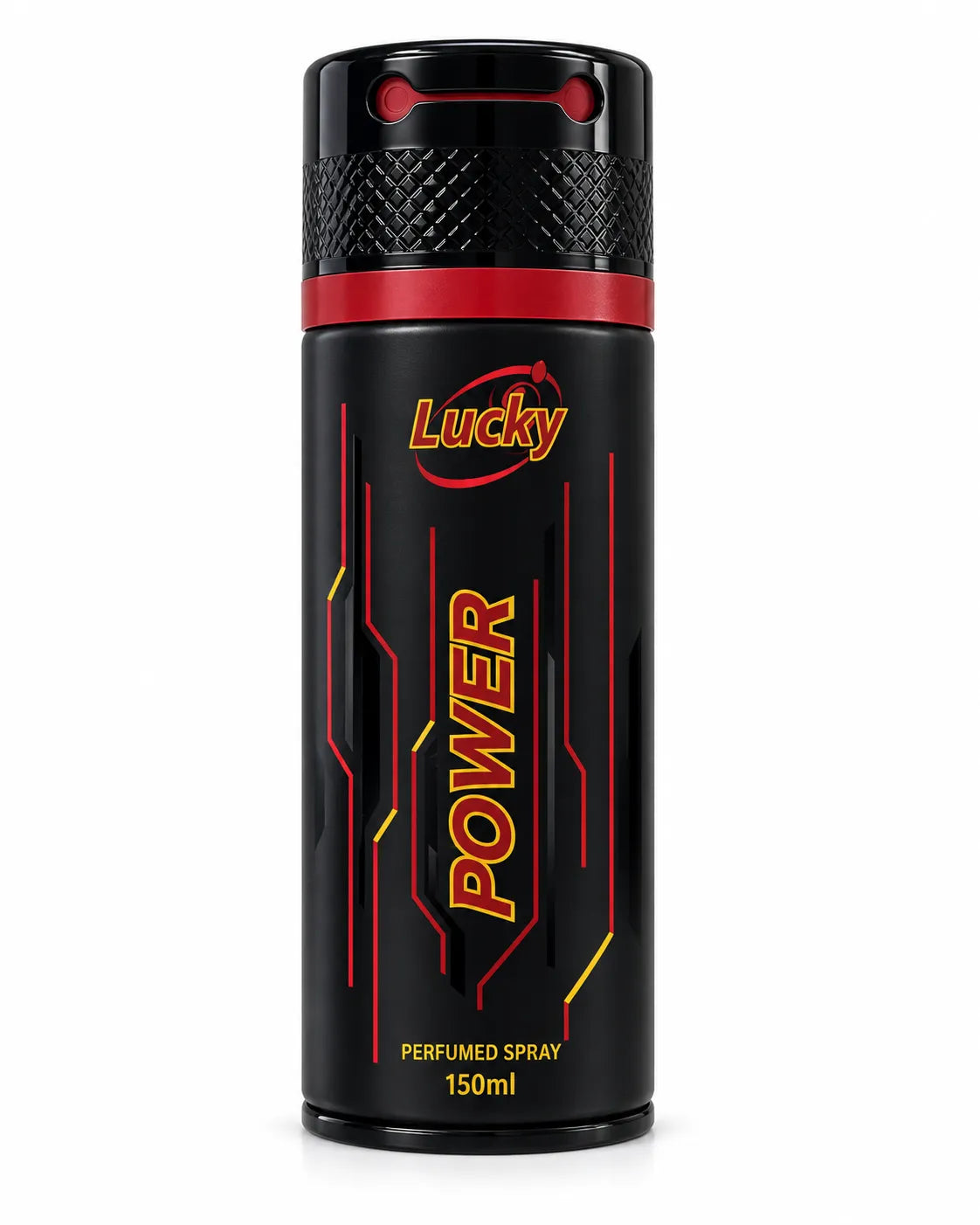 Lucky Power Perfumed Body Spray 150ml black aerosol can with red and yellow design on white background