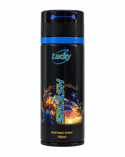 Lucky Splash Perfumed Spray 150ml black aerosol can with blue and orange design on white background
