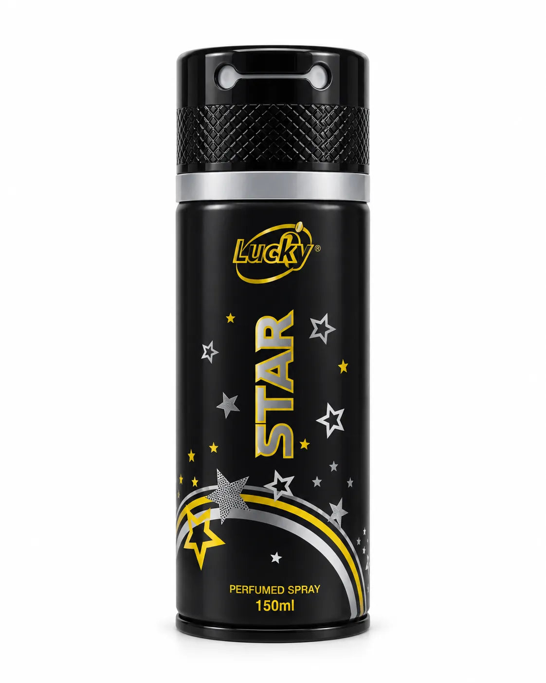 Lucky Star Perfumed Body Spray 150ml black aerosol can with silver and yellow star design on white background