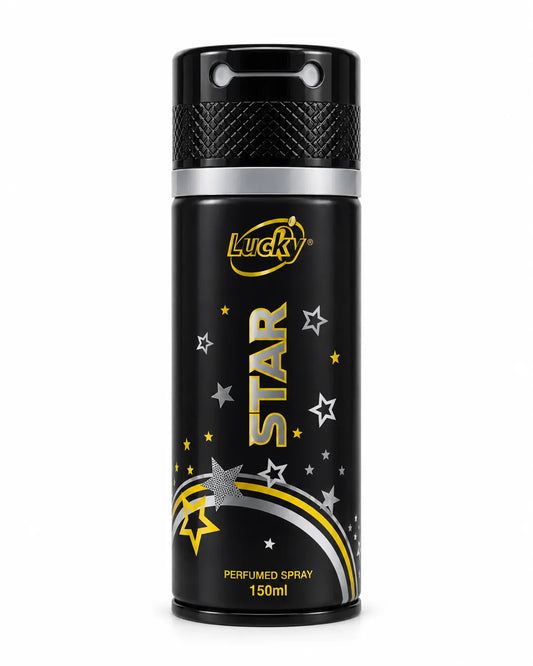 Lucky Star Perfumed Body Spray 150ml black aerosol can with silver and yellow star design on white background