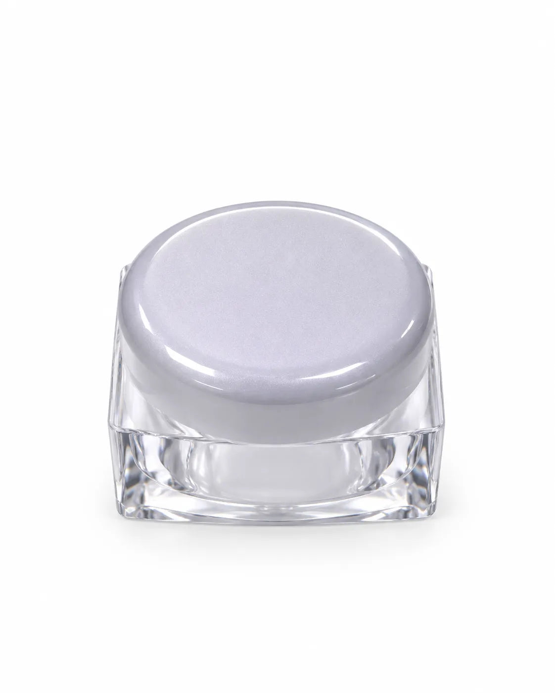 Hand holding an open empty 10gm clear square cosmetic jar showing its round threaded opening