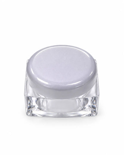 Hand holding an open empty 10gm clear square cosmetic jar showing its round threaded opening