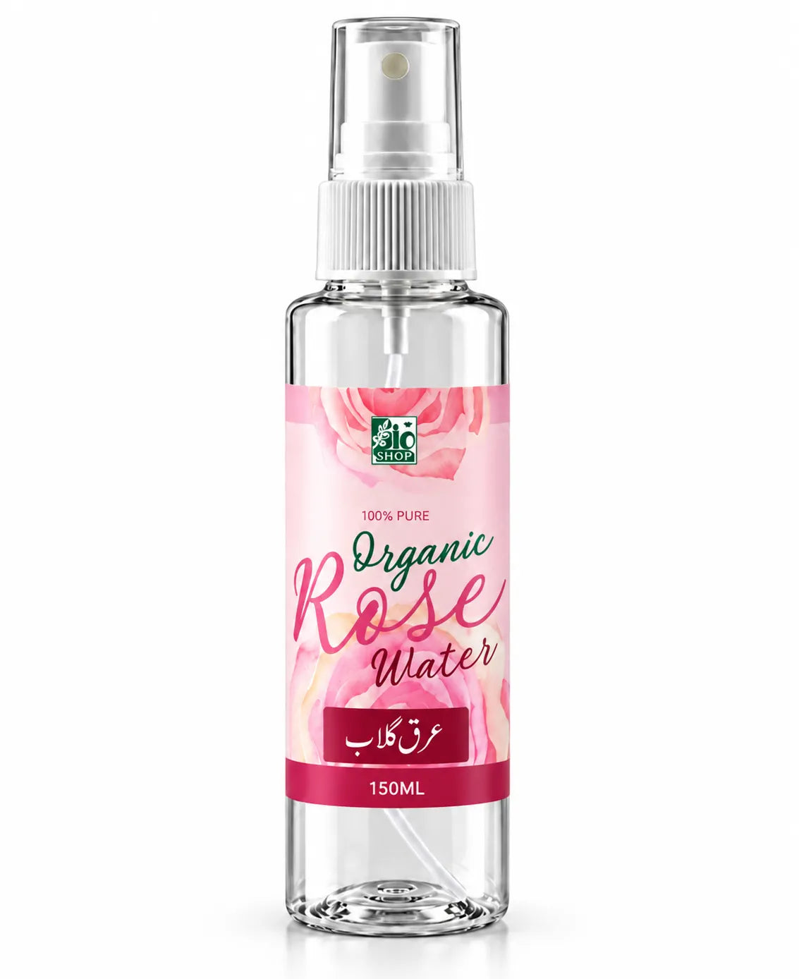 Bio Shop Organic Rose Water Spray 150ML in clear plastic bottle with white fine mist spray pump, transparent cap and pink rose floral label.