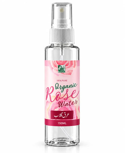 Bio Shop Organic Rose Water Spray 150ML in clear plastic bottle with white fine mist spray pump, transparent cap and pink rose floral label.