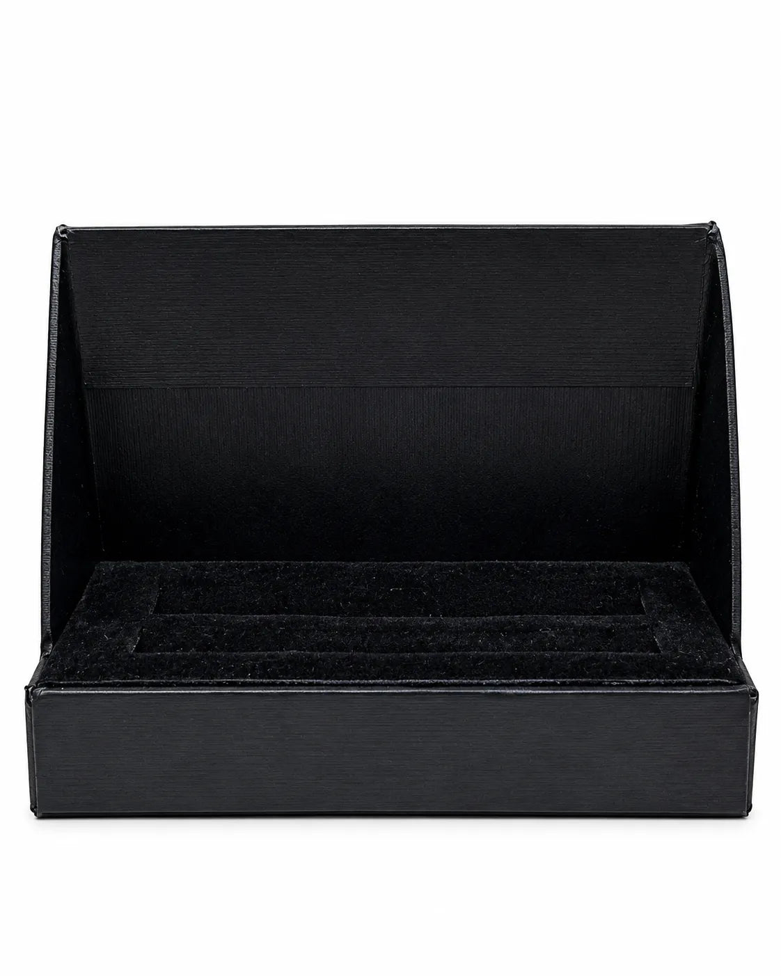 Empty black perfume tester presentation stand with stepped insert and slots for organizing miniature spray vials.