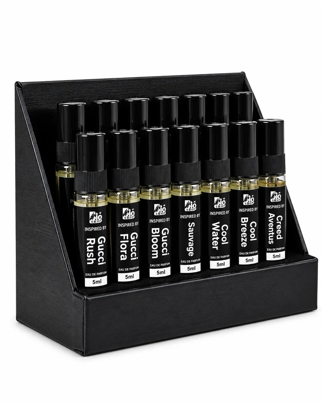 Black Bio Shop™perfume tester display stand containing 14 miniature fragrance spray testers arranged in two rows on a white background.