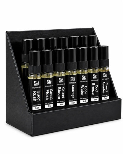 Black Bio Shop™perfume tester display stand containing 14 miniature fragrance spray testers arranged in two rows on a white background.