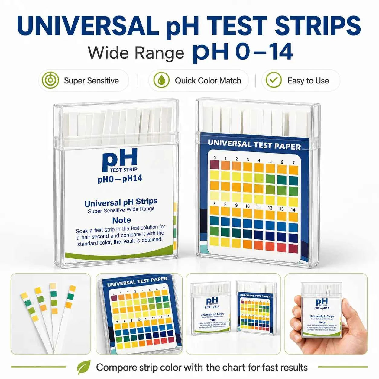 Universal pH Test Strips pH 0–14 – Wide Range Indicator Paper with Color Chart