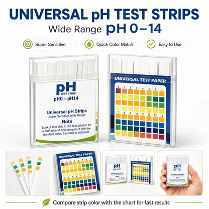 Universal pH Test Strips pH 0–14 – Wide Range Indicator Paper with Color Chart