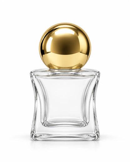 Collection of six 15ml empty glass perfume bottles with assorted colored caps