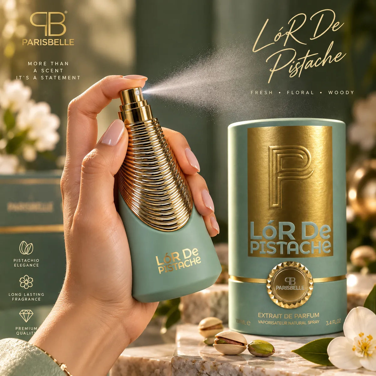 ParisBelle pistachio perfume 100ml with signature green cap