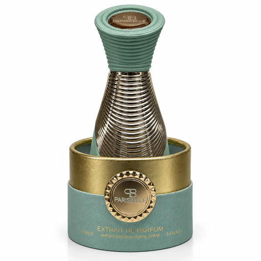 ParisBelle Lór De Pistache pistachio green perfume bottle with gold detailing