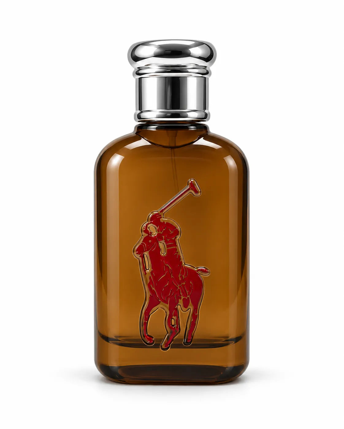 Luxury 50ml empty Polo inspired perfume bottles featuring four colored glass finishes, horse and rider design and metallic silver caps for DIY fragrance packaging.