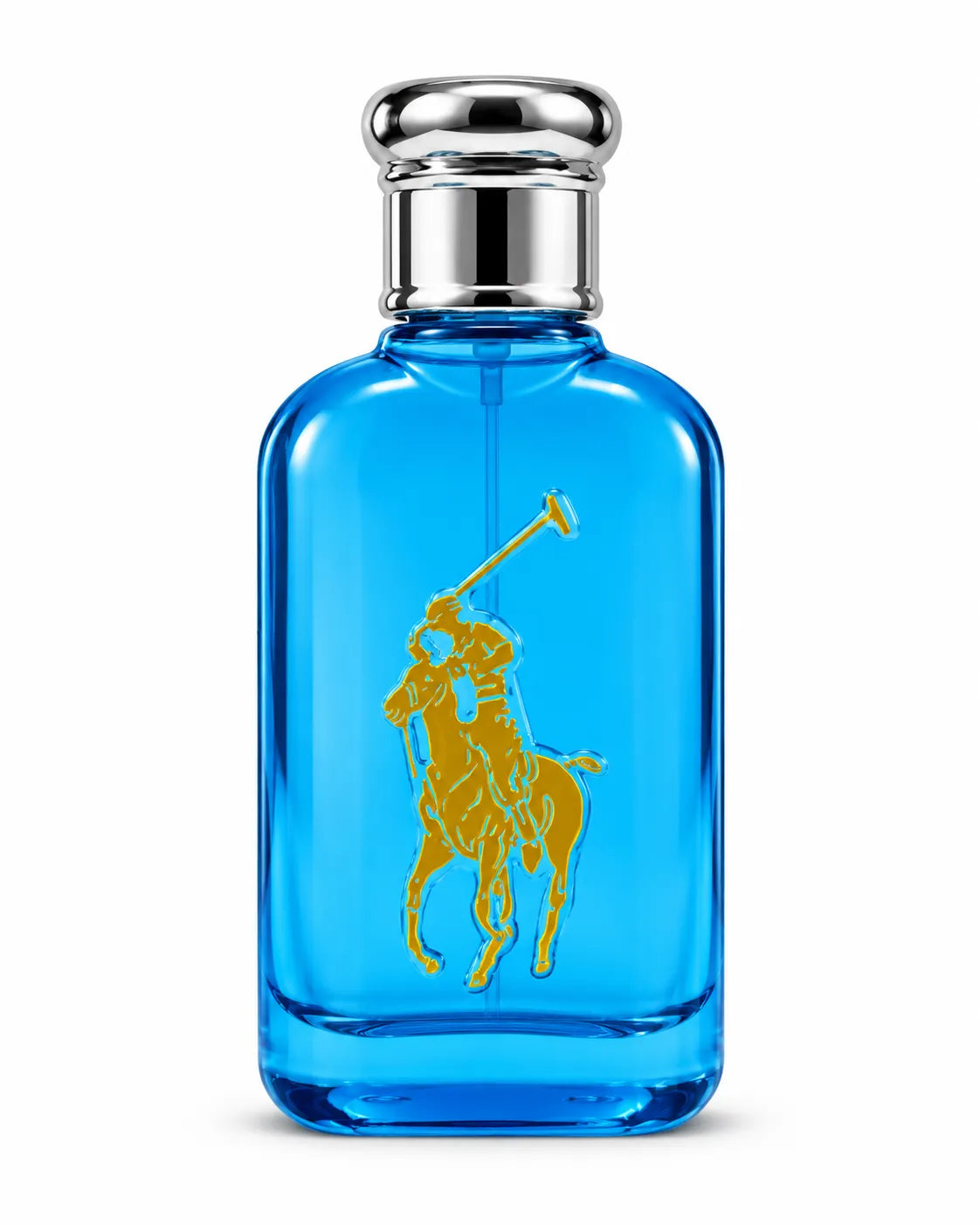 50ml premium Polo style glass perfume bottles in black, brown, red and blue with silver caps and decorative polo player emblems at Bio Shop Pakistan.