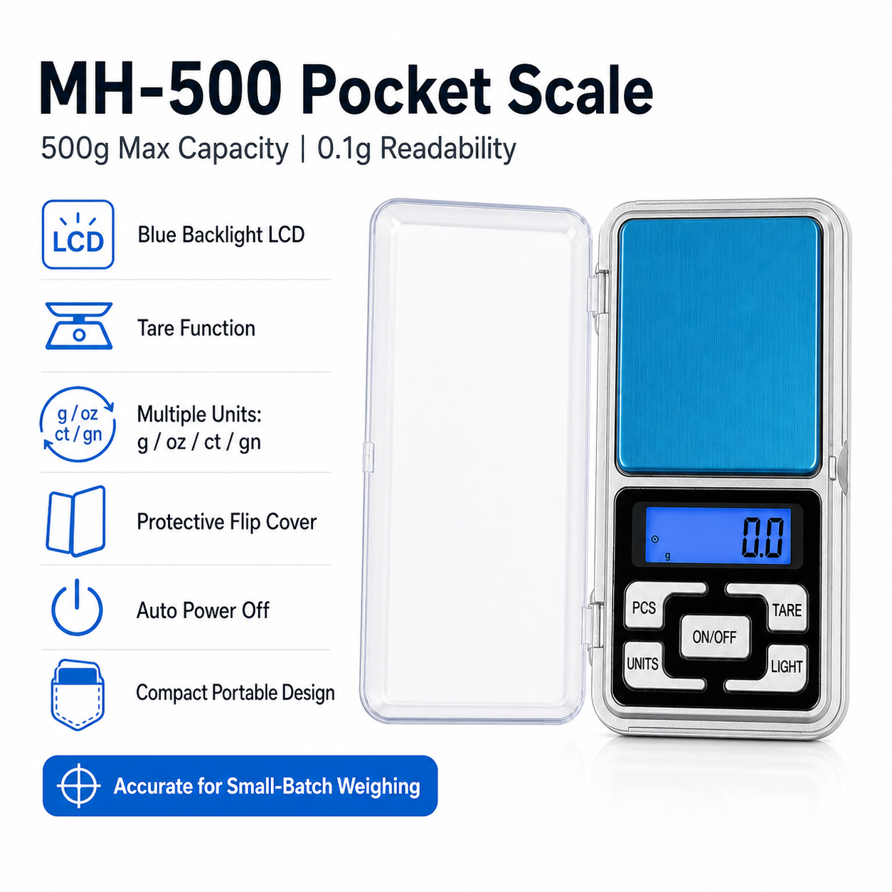 MH-500 Pocket Scale with features listed on a white background