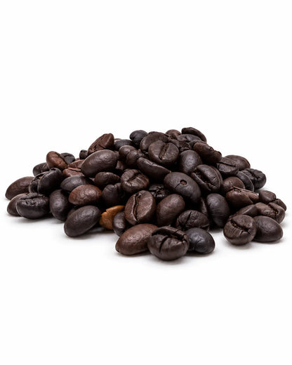 Roasted coffee beans in a clear jar with black screw cap and Coffee Bean label, suitable for coffee-inspired cosmetic projects and aroma exploration.