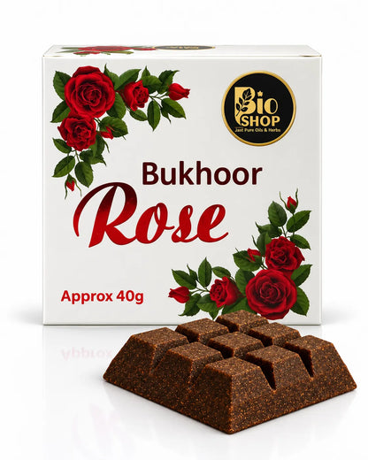 Bio Shop Rose Bakhoor 40g white box with red roses and incense blocks
Rose floral bakhoor 40g for home fragrance by Bio Shop Pakistan