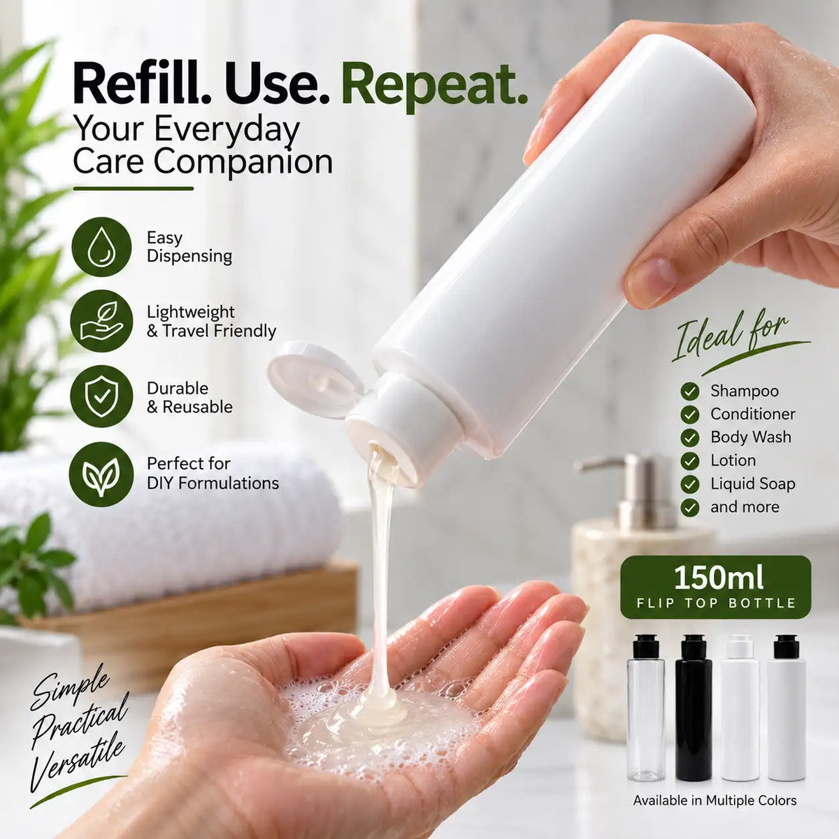 150ml empty plastic shampoo bottle with black flip top cap