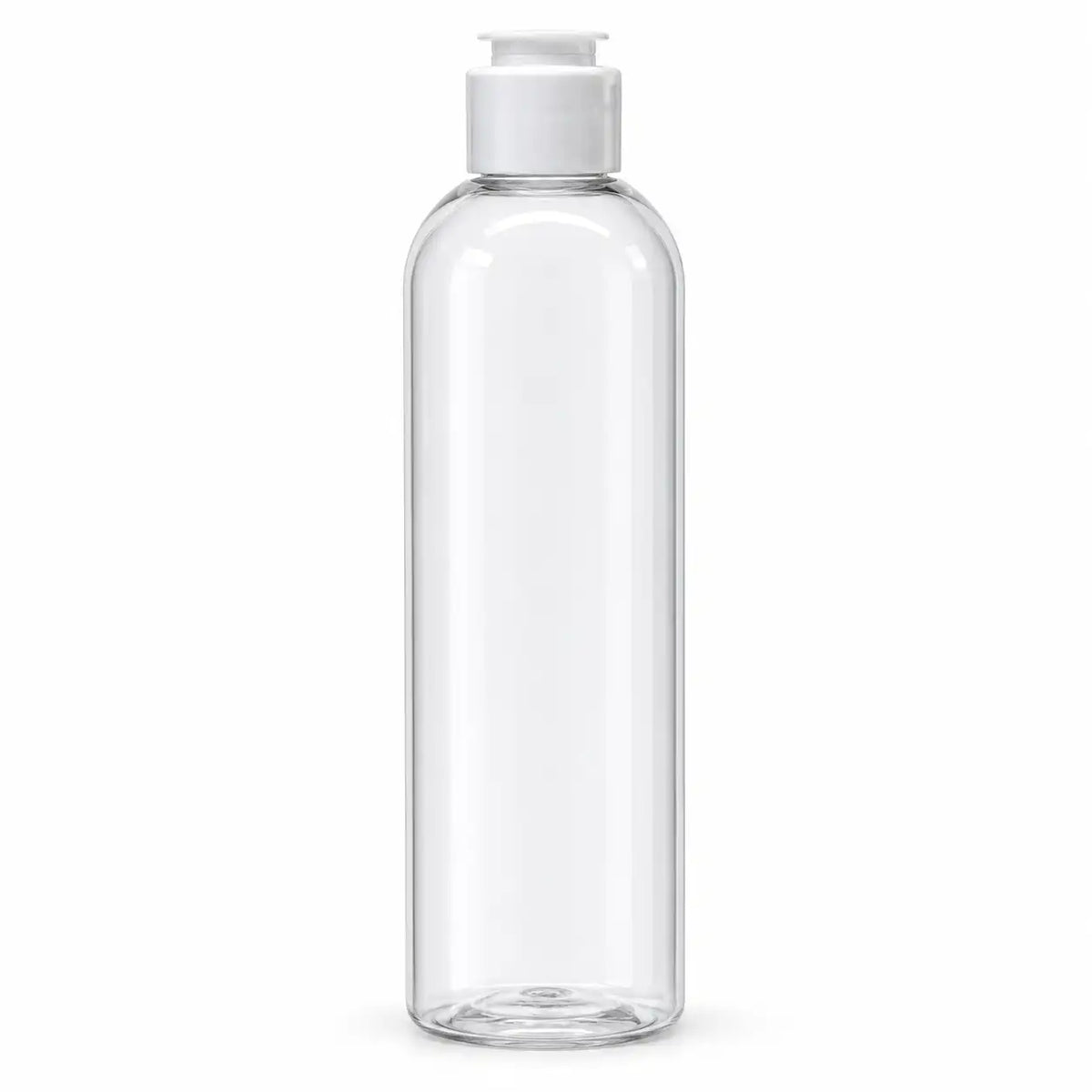 250ml clear cosmetic bottle with white dispensing cap for shampoo, gel and liquid products