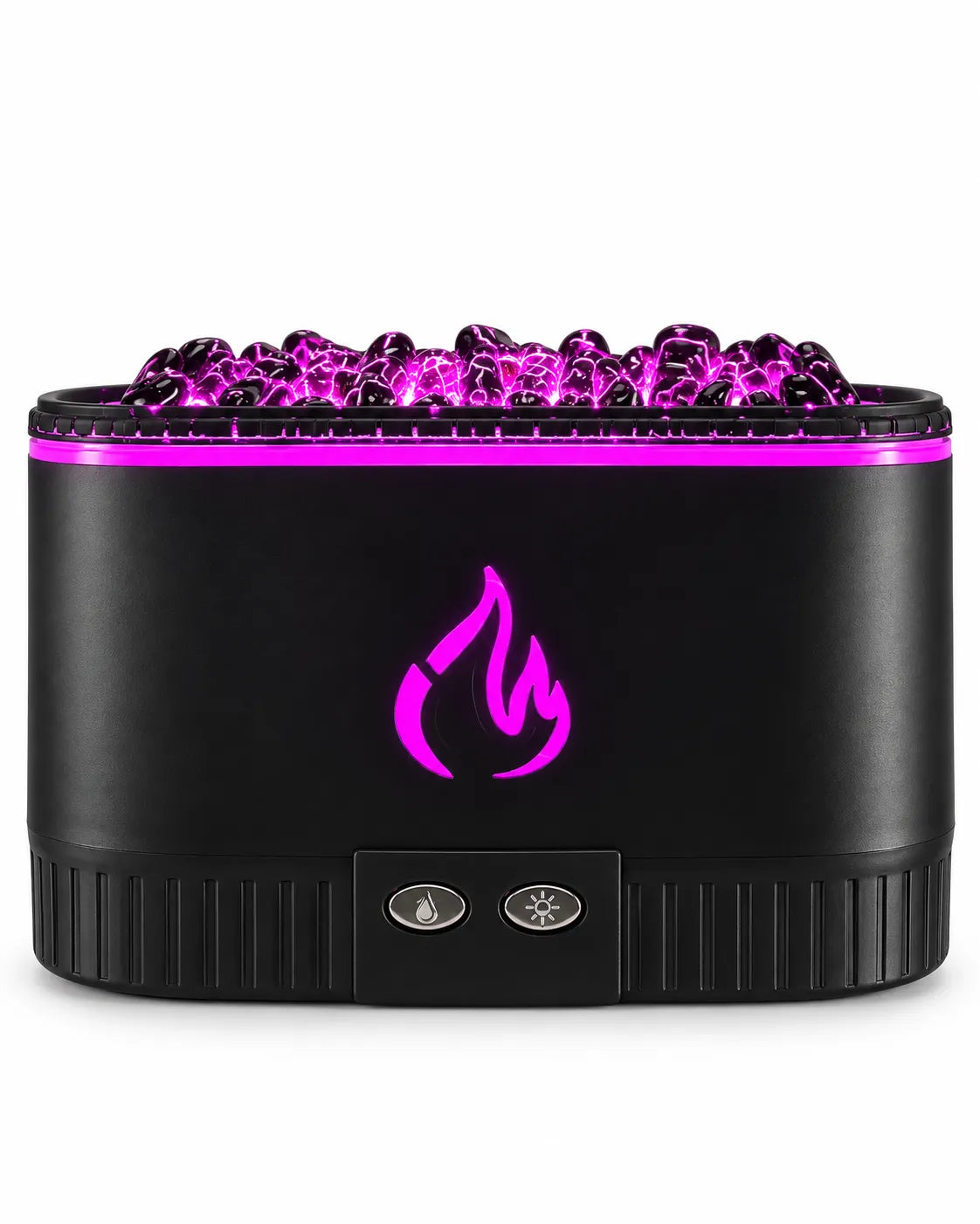Front view of a black coal-effect flame aroma diffuser with a textured top, flame emblem, and two oval buttons.