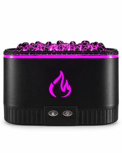 Front view of a black coal-effect flame aroma diffuser with a textured top, flame emblem, and two oval buttons.