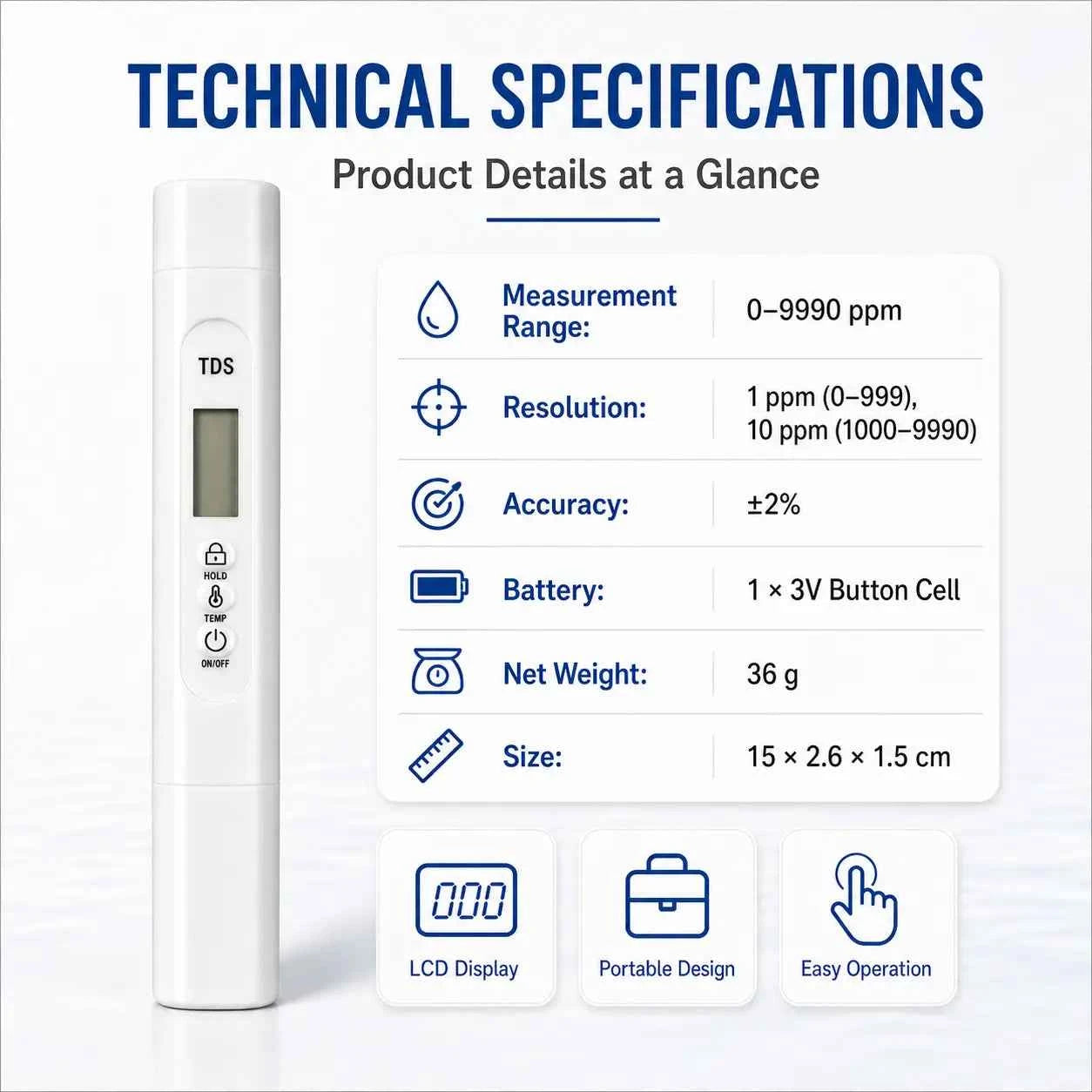 TDS/TEMP Meter – Digital Water Quality Tester 0–9990 ppm