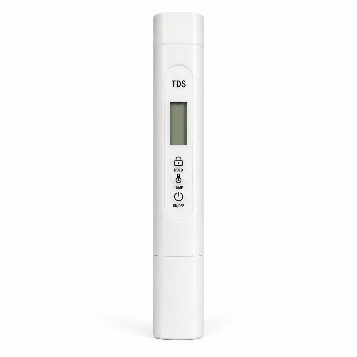 TDS TEMP digital water quality tester white pen meter front view on white background