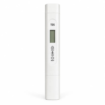 TDS TEMP digital water quality tester white pen meter front view on white background