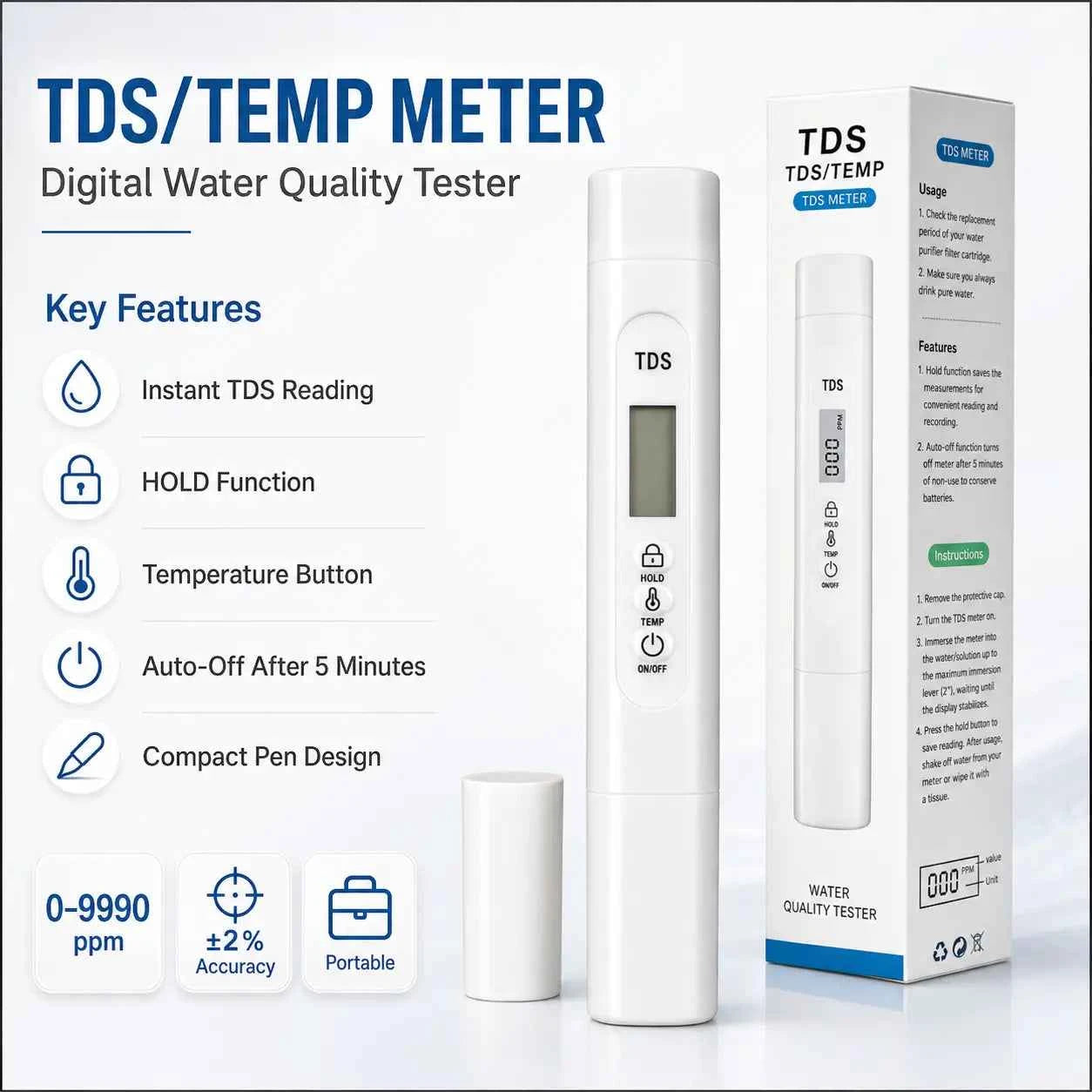 TDS/TEMP Meter – Digital Water Quality Tester 0–9990 ppm
