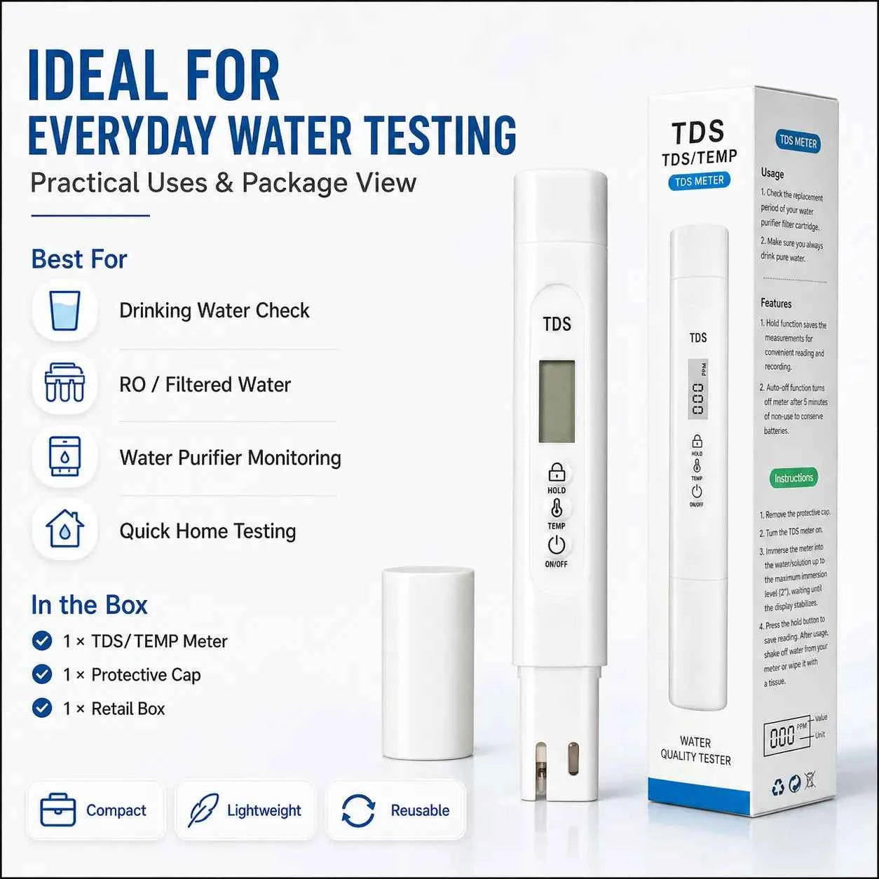 TDS/TEMP Meter – Digital Water Quality Tester 0–9990 ppm